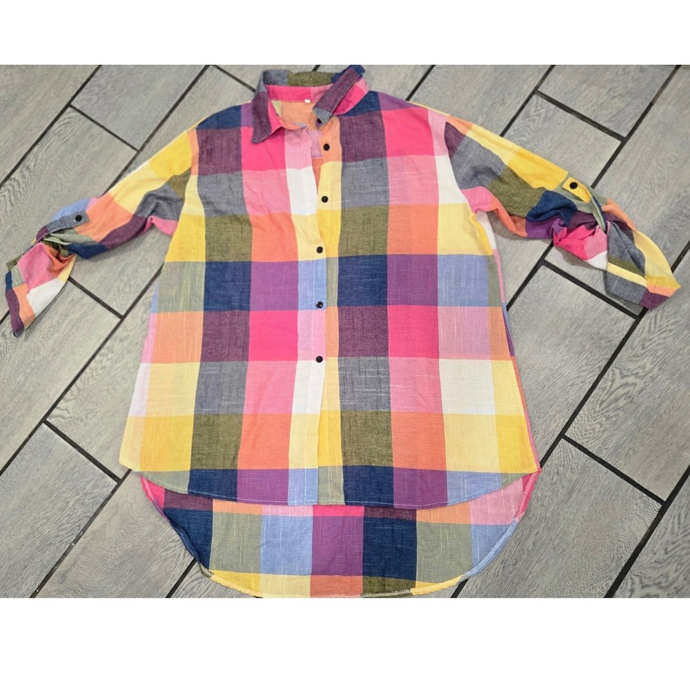 Women Multi Color Plaid Button‎ Down High Low Tunic Shirt XXL Pink Yellow Orange